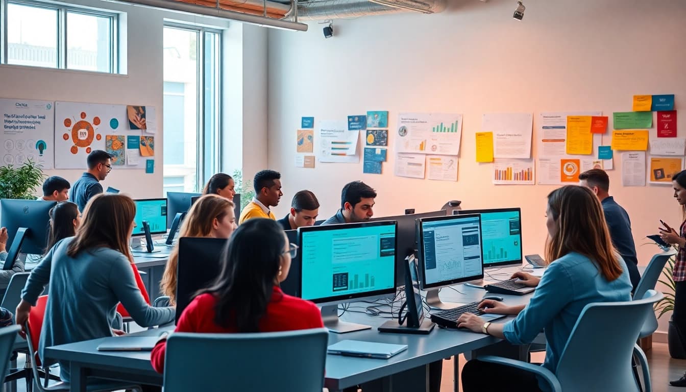 Equipo de agencia de marketing digital colaborando en un espacio de oficina moderno, mostrando innovación y trabajo en equipo.