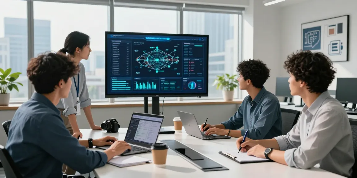 IT support in business team discussing cybersecurity metrics in a modern office.