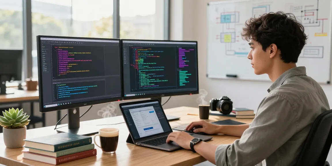 Workspace with developer coding AI algorithms, dual monitors, and vibrant atmosphere showcasing spicy AI innovation.