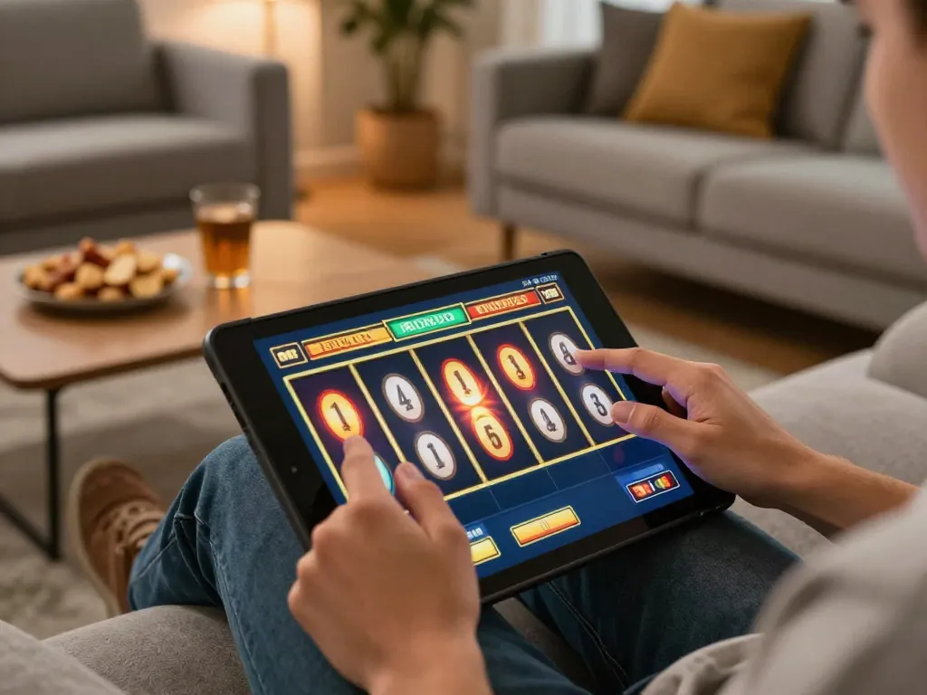 KJC Global players spinning reels on a tablet in a cozy home setting for online slots.
