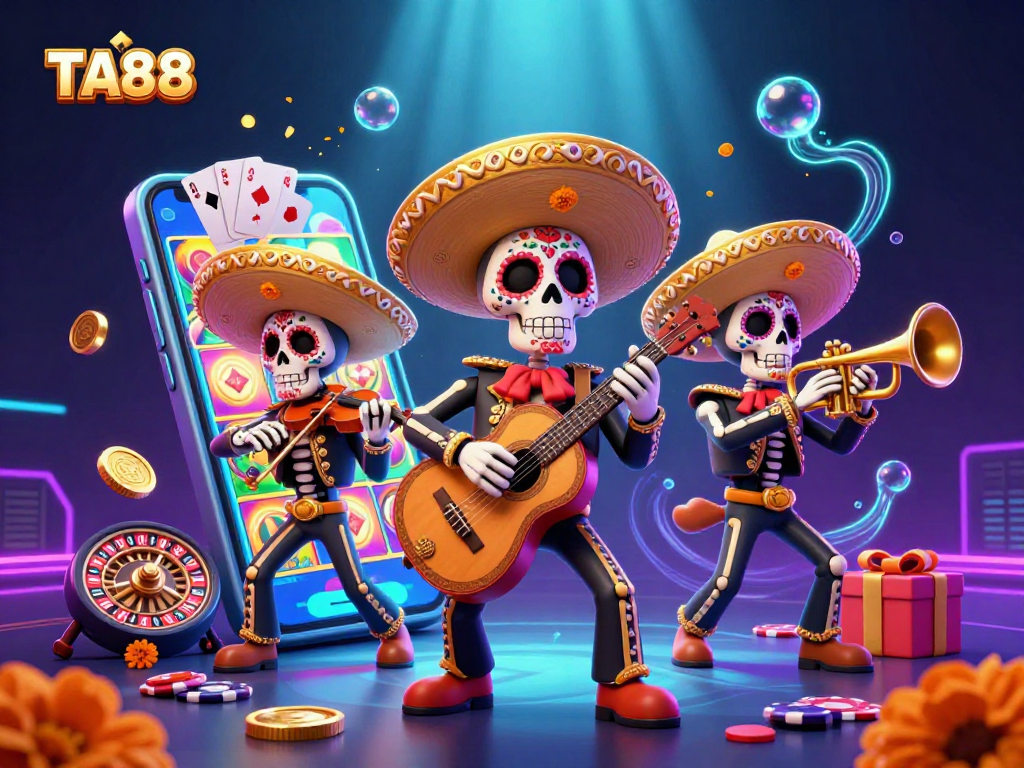 TA88 showcases a vibrant mariachi band amid dynamic casino action with colorful slots and thrilling games