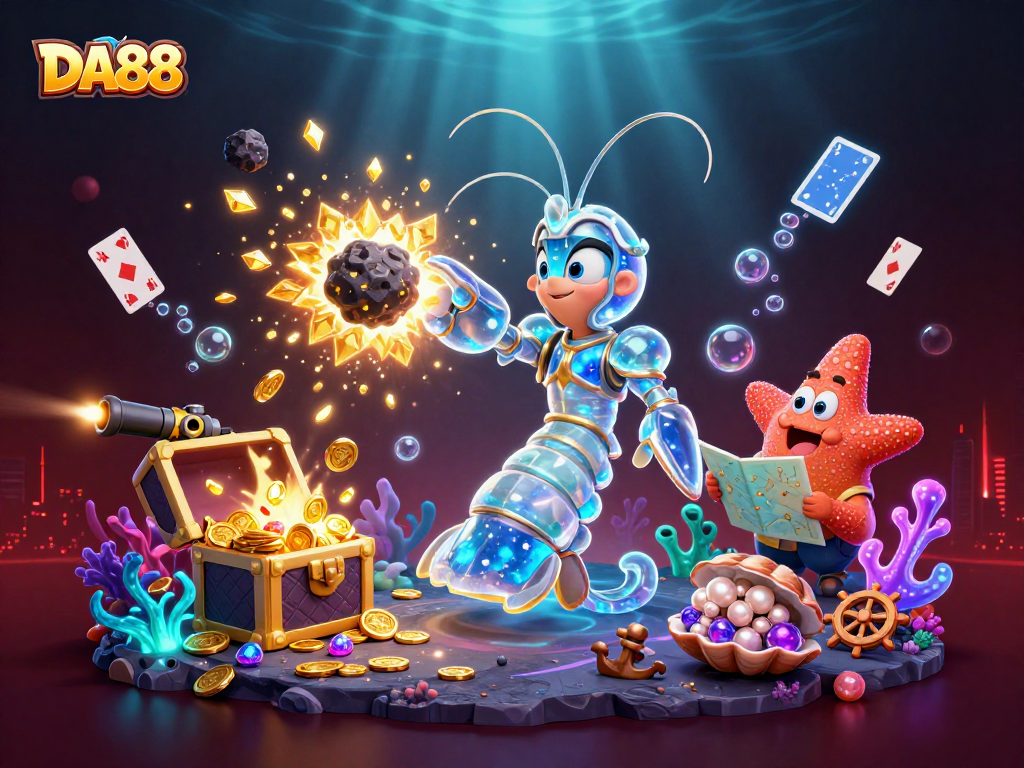 Experience the thrill of DA88's gaming scene with vibrant characters amidst gold coins and gems.