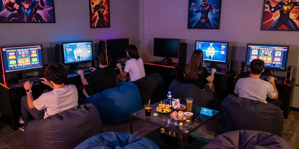 Players enjoying rokok 88 slot online games in a vibrant lounge.