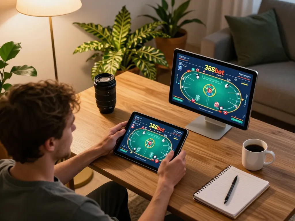 Engaging in strategic gameplay on 388bet with cozy living room ambiance.