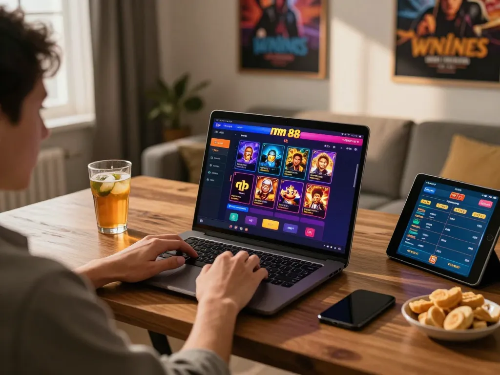 Enjoying an engaging mm 88 online casino session on a laptop at home with vibrant gameplay.
