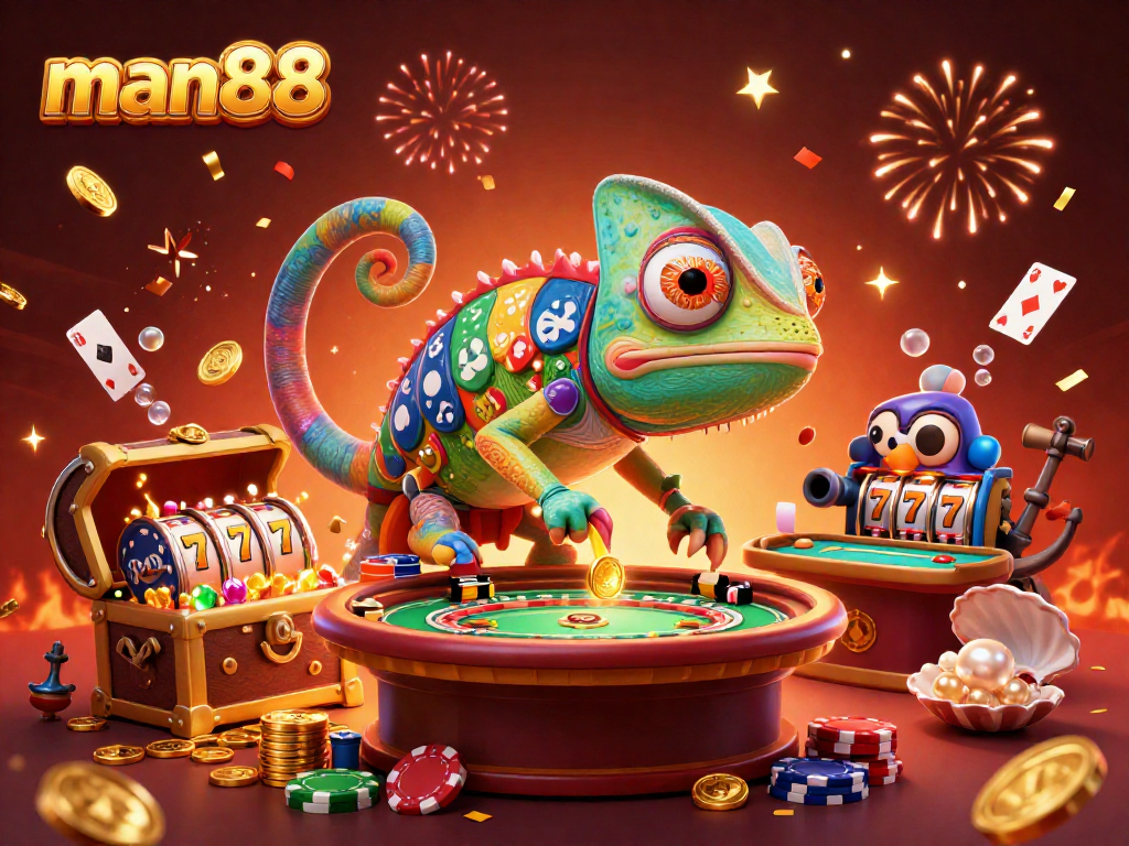 Experience thrilling games at man88 with a vibrant chameleon casino owner amidst dazzling casino elements.