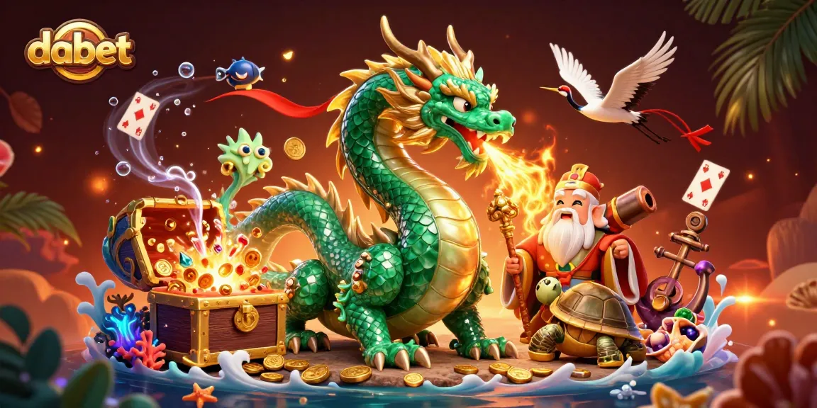Dabet casino illustration featuring an emerald dragon and a wise turtle sage surrounded by vibrant game elements.