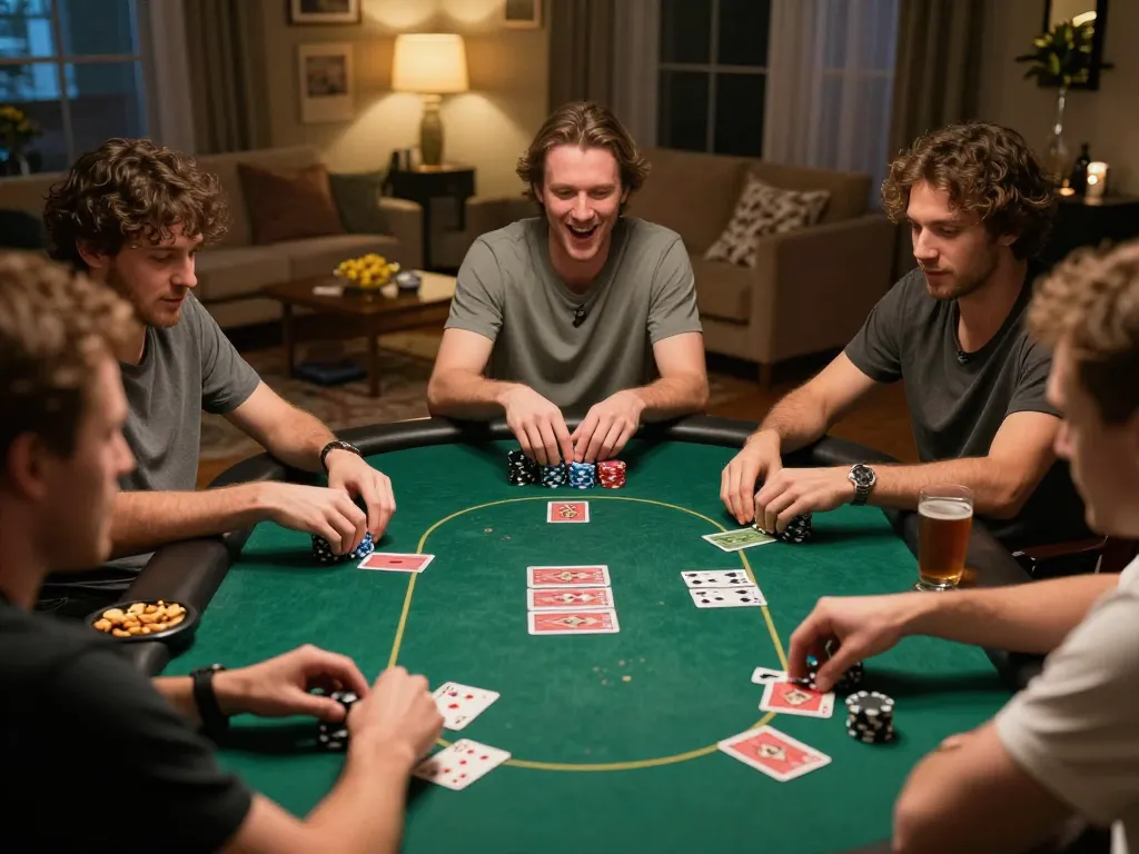Players enjoying an exciting home poker night while using open88c for greater strategies