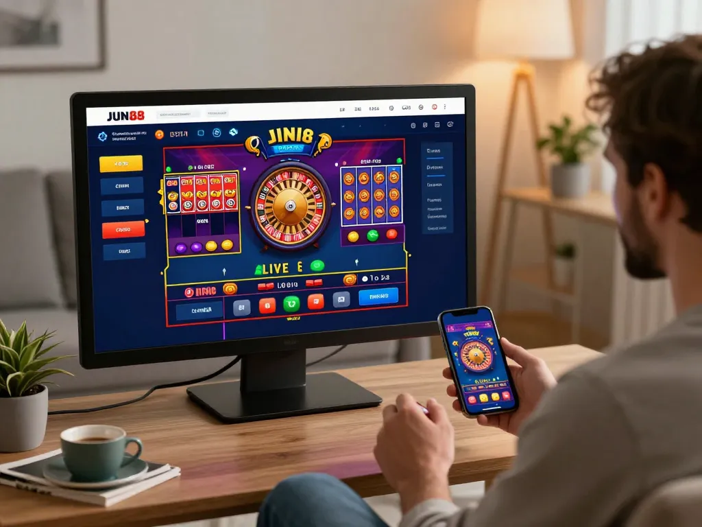 Player engaging with the Jun88 Trang Chủ digital casino experience, highlighting a live dealer game.