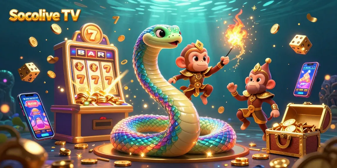 Experience the thrill of Socolive TV with dynamic casino elements and vibrant characters in a detailed digital scene.