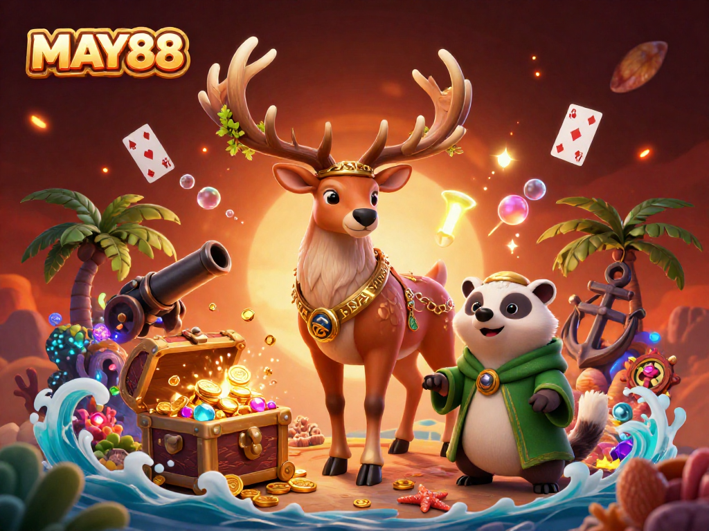 MAY88 casino magic as a Celtic druid stag and badger uncover treasure amidst vibrant neon elements.