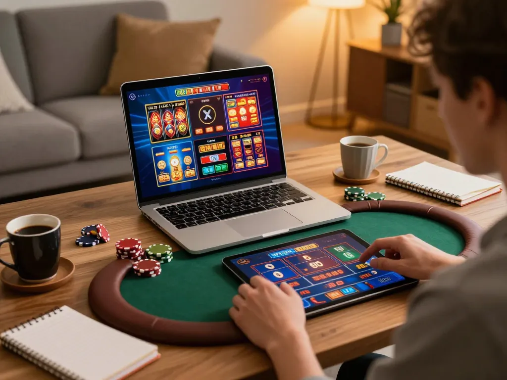 Engaging online gaming setup illustrating AU88 lừa đảo with tablet display of casino games and strategic notes