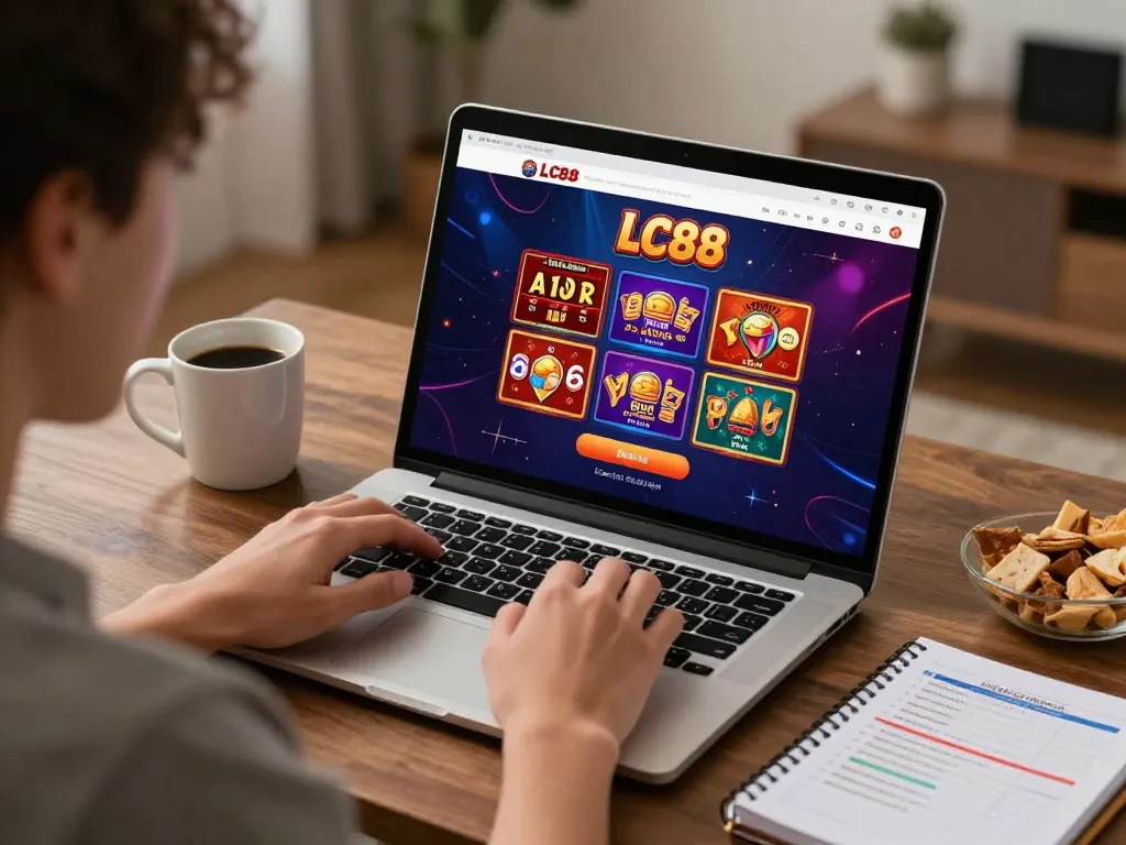 Engaging in online gaming with LC88 Đăng nhập on laptop, showcasing a cozy home setup.