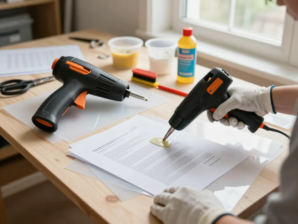 Expertly removing bóc plastic from documents with heat gun tools in a bright workshop.