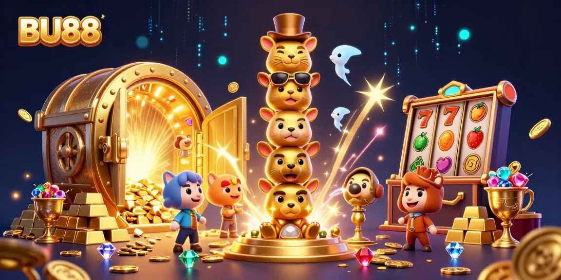 Engage with the dynamic BU88 casino illustration featuring a golden totem pole and vibrant slot symbols.
