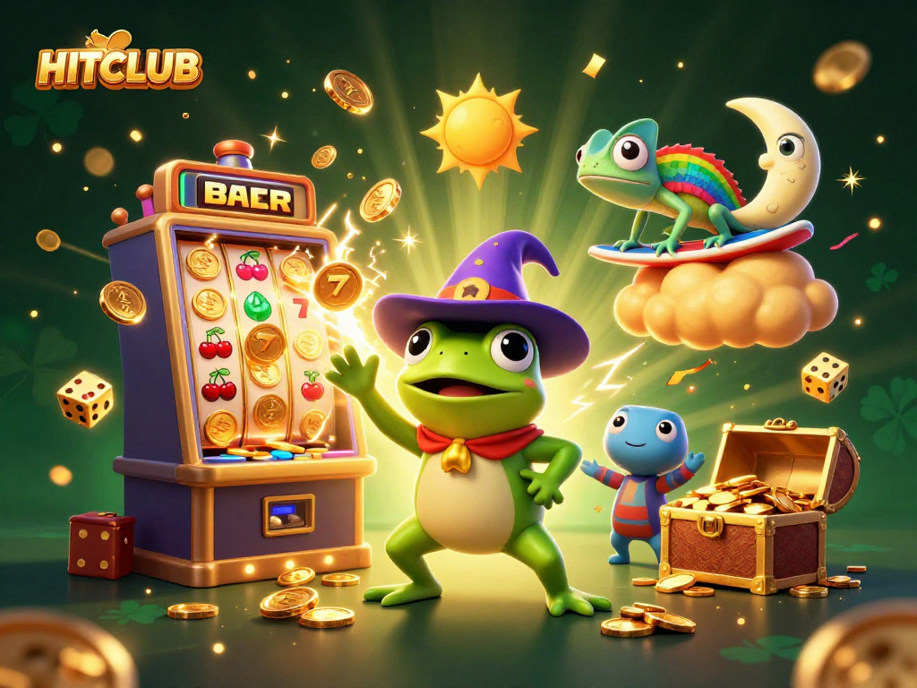 Engage with HITCLUB's vibrant casino experience, featuring a dynamic scene of a wizard frog and colorful elements.