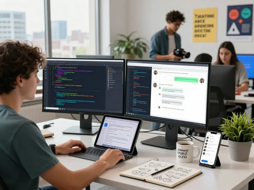 Engaged developer at workspace creating crushonai chat interface with dual monitors and lively ambiance.