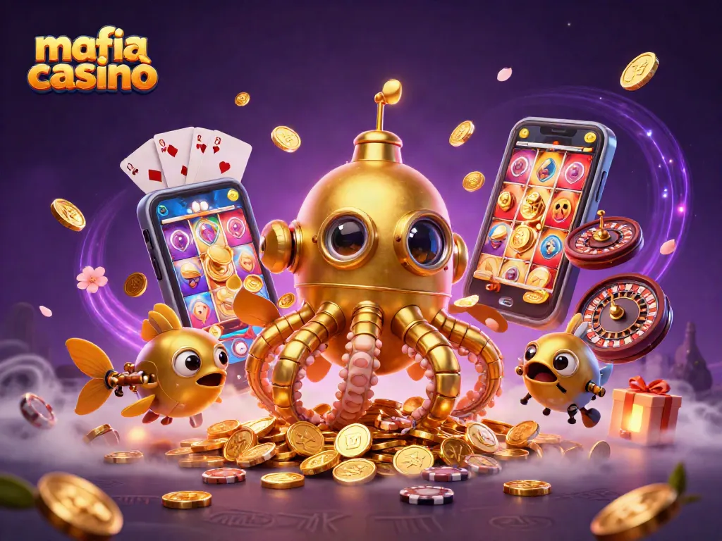 Experience the vibrant energy of mafia casinò with dynamic illustrations of golden thrills and gaming excitement.