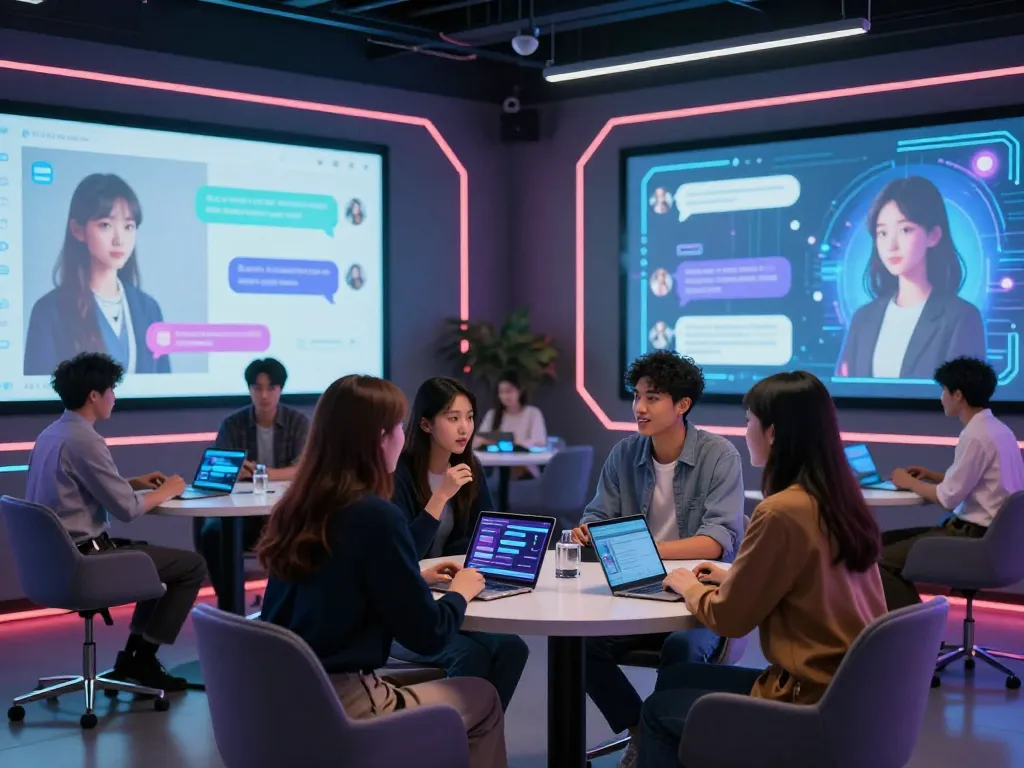 Young adults exploring sex AI chat applications in a futuristic tech hub.