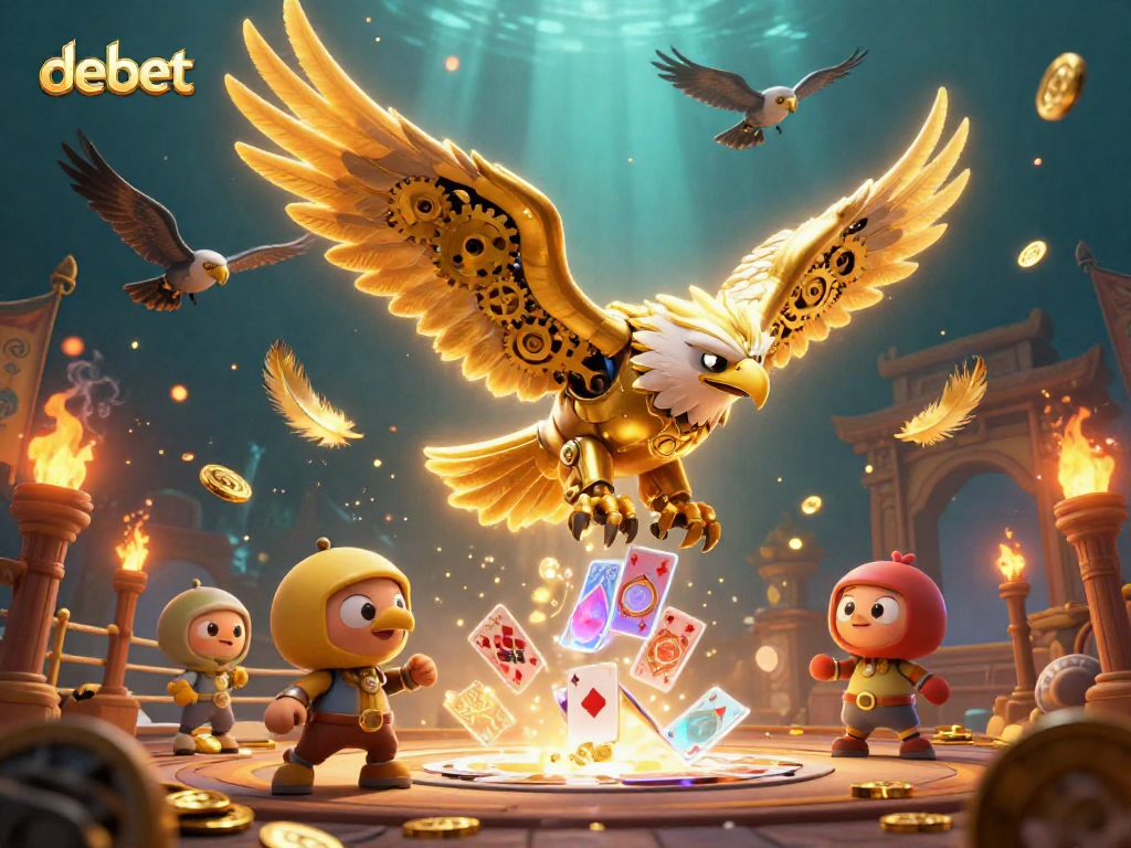 Experience debet action with a cybernetic eagle amidst a vibrant casino battle scene.