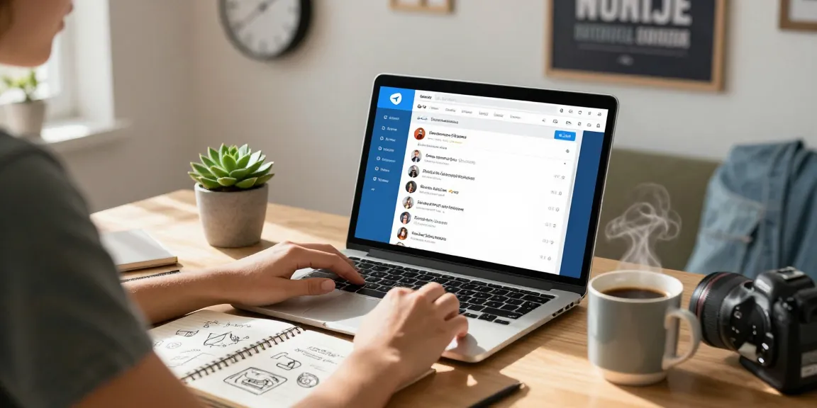 Accessing the Telegram web version on a sleek laptop in a cozy home office, highlighting digital communication.