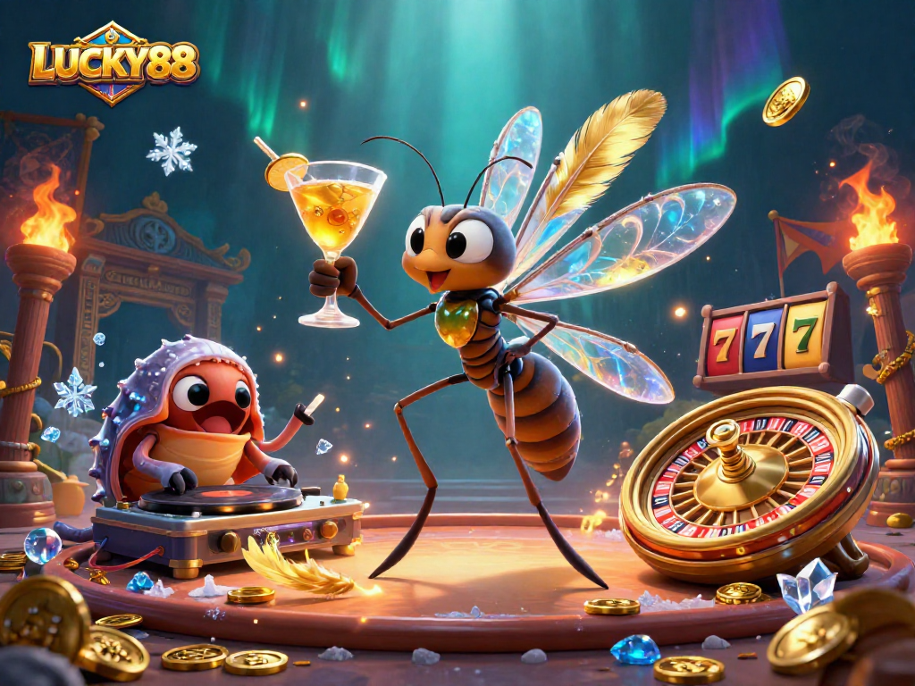 Players engage with the LUCKY88 casino experience, featuring a whimsical 3D scene of vibrant characters and rich gambling elements.