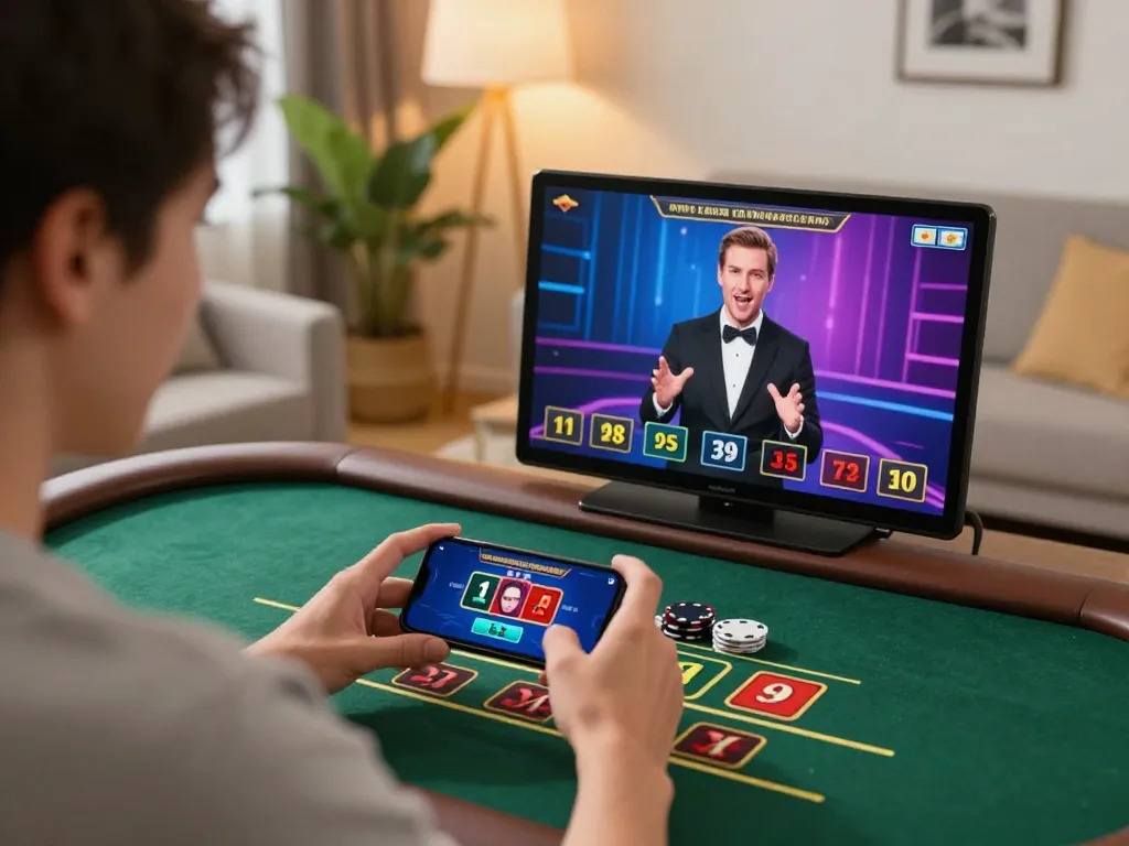 nk88 player enjoying live casino action on smartphone in cozy home environment