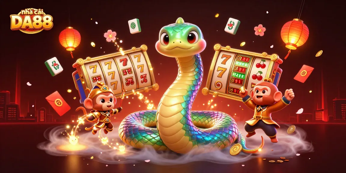 Experience the magic of nhà cái DA88 with a dynamic 3D casino illustration filled with vibrant characters and elements.