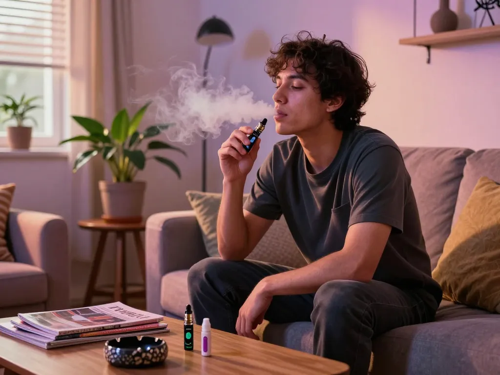 Godendo di una penna per vaping THC in un accogliente soggiorno, mostrando uno stile di vita di vaping portatile.