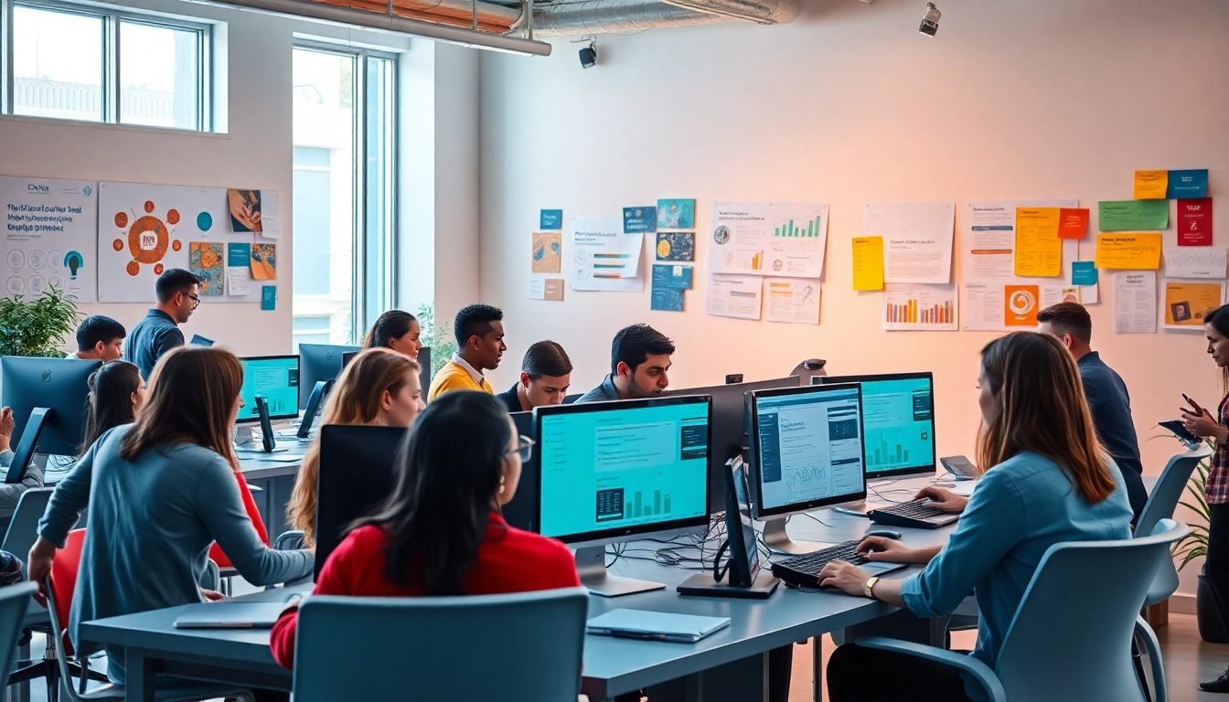 Equipo de agencia de marketing digital colaborando en un espacio de oficina moderno, mostrando innovación y trabajo en equipo.