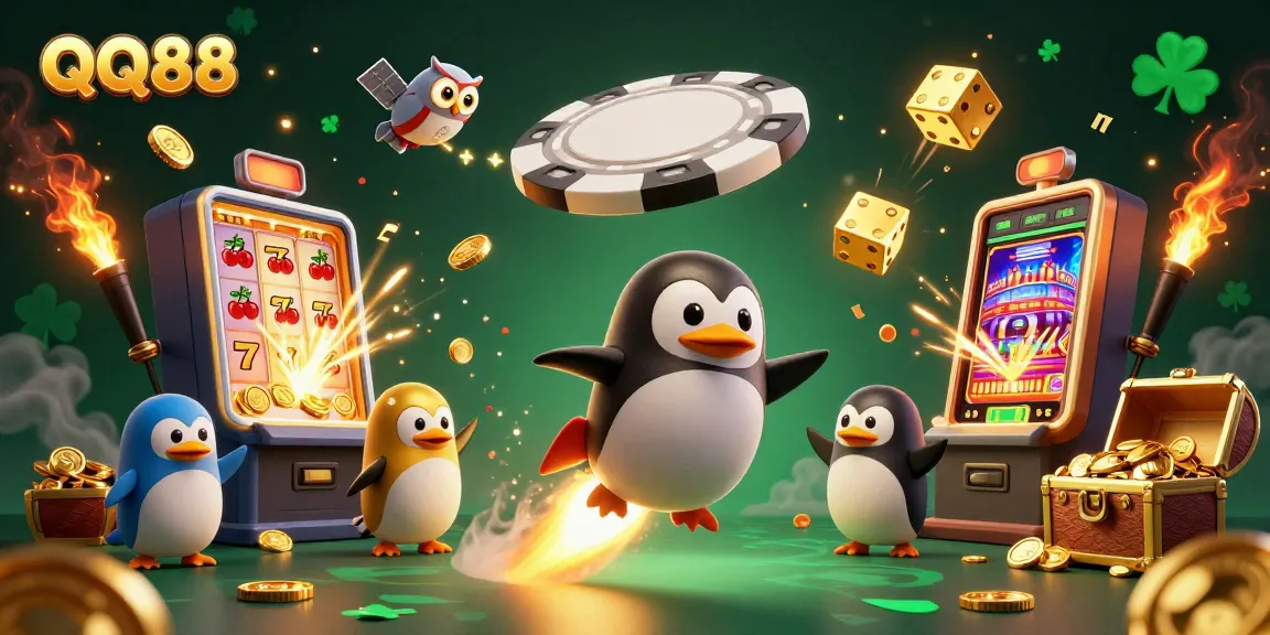 Bet big with QQ88 as a golden penguin zooms through a vibrant casino space scene, bursting with excitement.