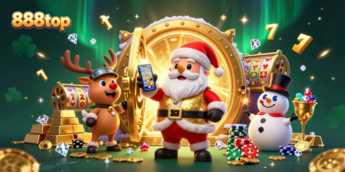 Spin slots and win big with 888top in this festive casino-themed illustration featuring Santa.