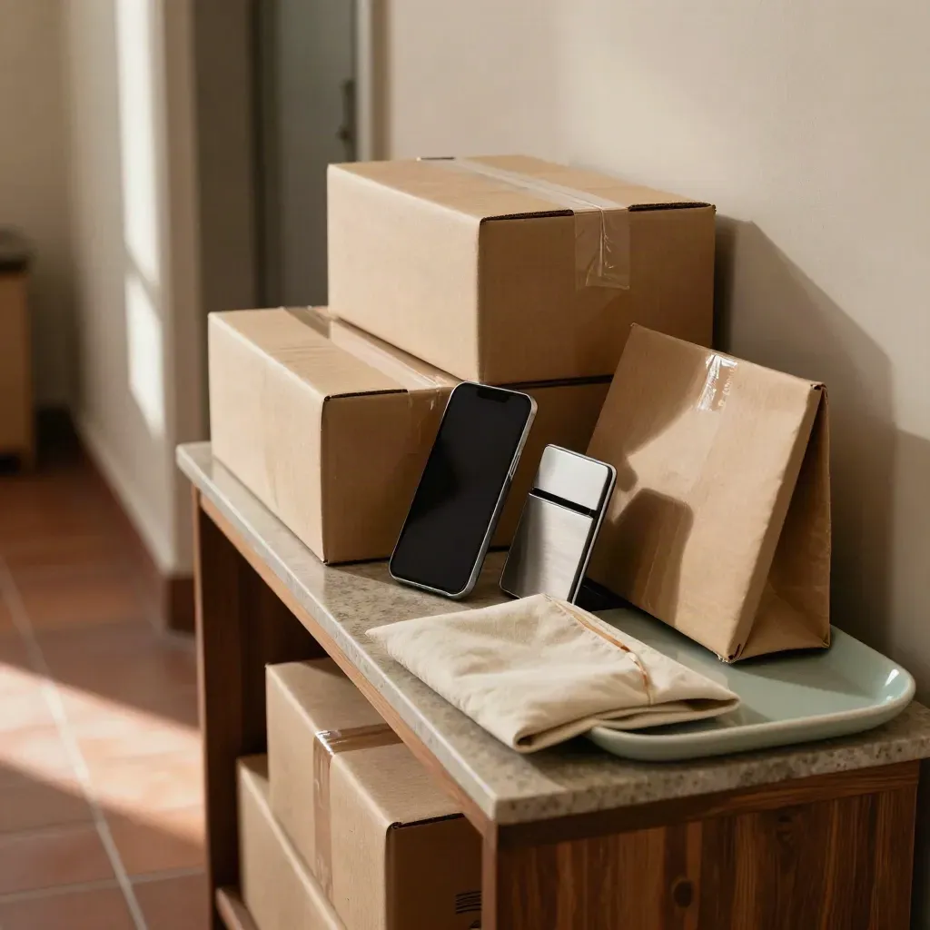 Pacchi sigillati, supporto per telefono e porta-card su una console d’ingresso in luce calda.