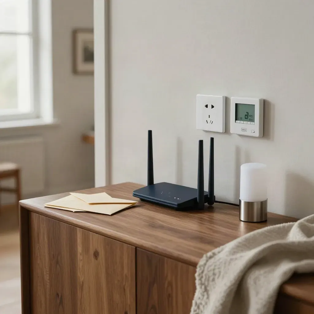 Angolo casa con router, presa, lampada LED e buste chiuse per tagliare le bollette.
