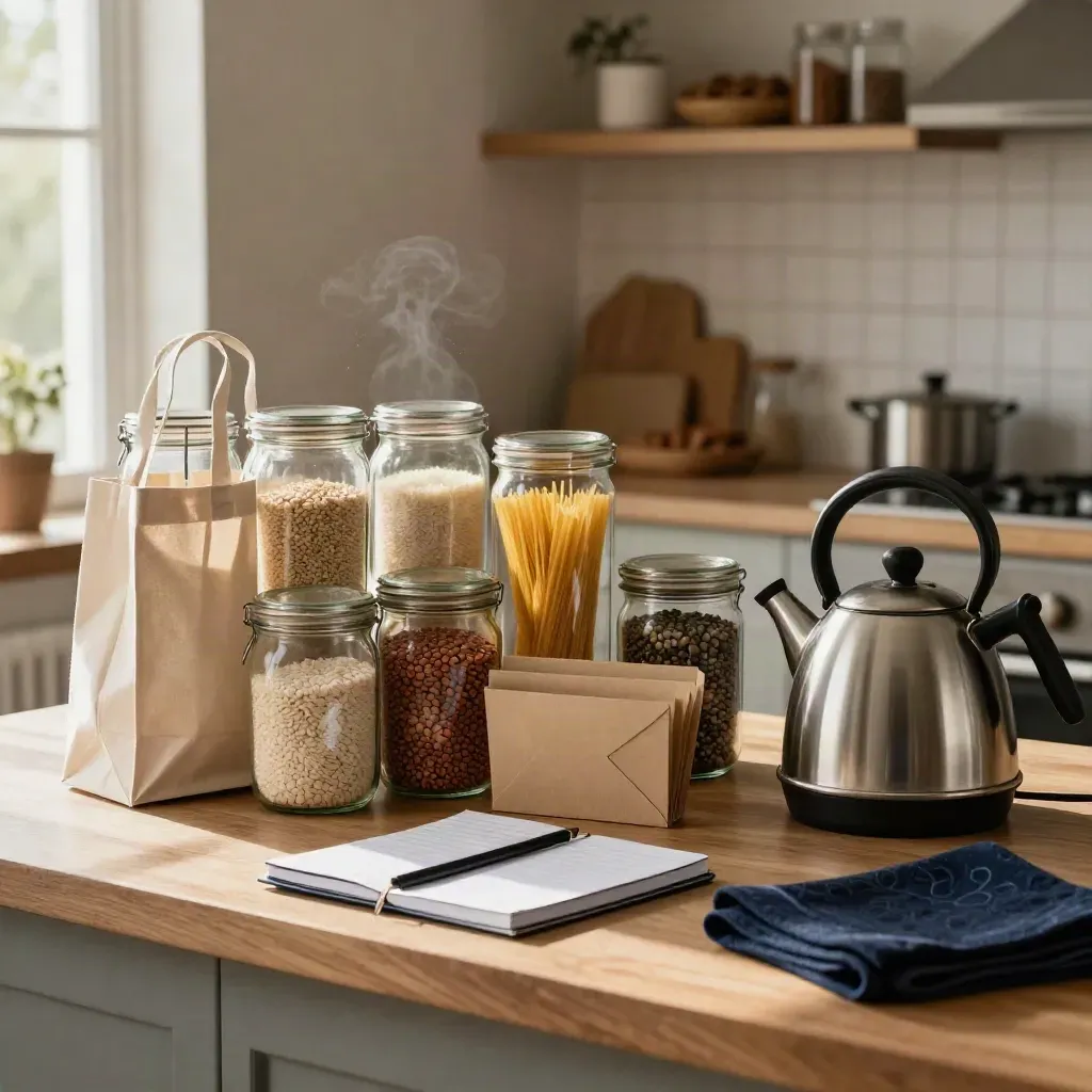 Cucina luminosa con dispensa ordinata, quaderno budget chiuso, buste e bollitore fumante.