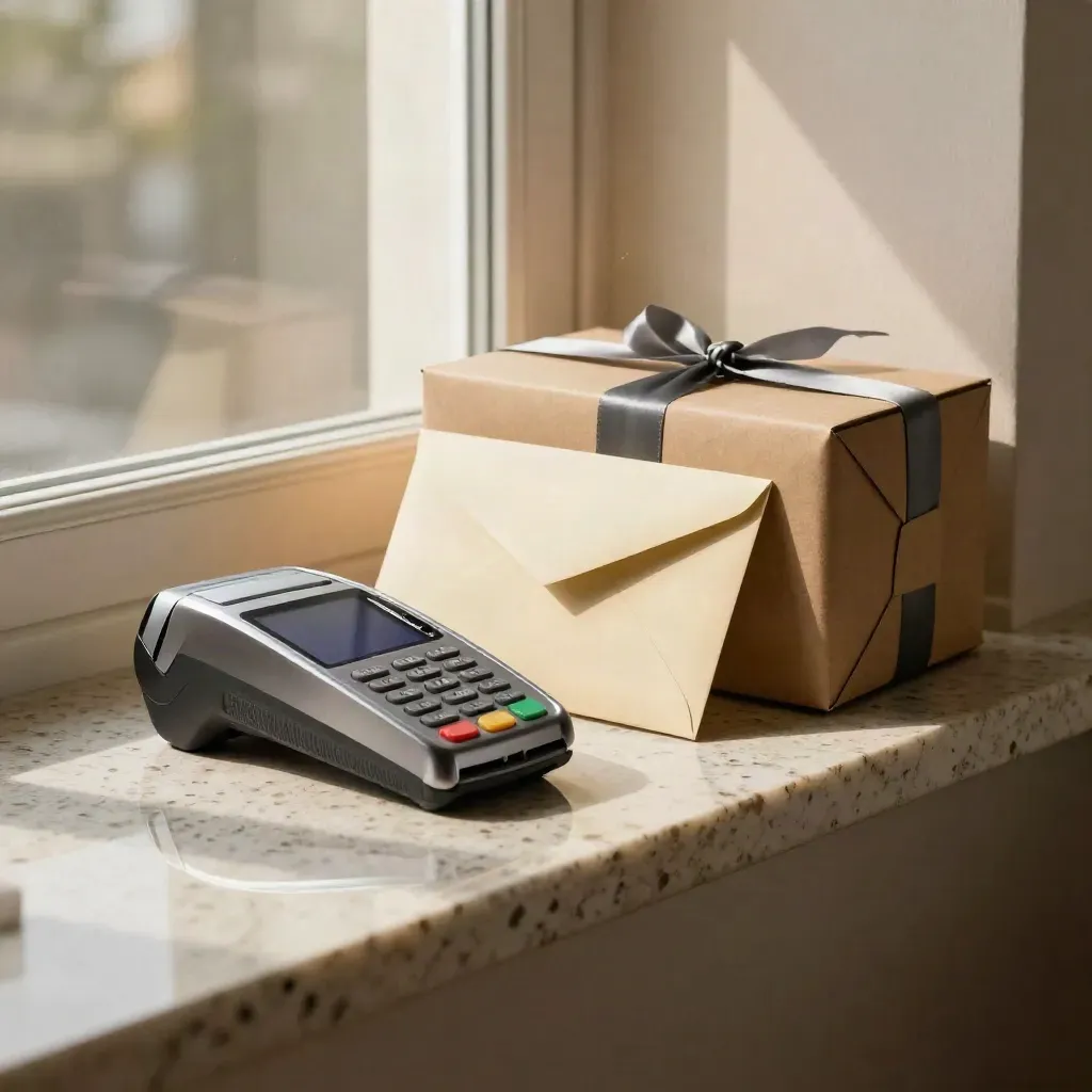Kit premium per cashback e rimborsi con scatola pacco, busta chiusa e terminale su fondo scuro.