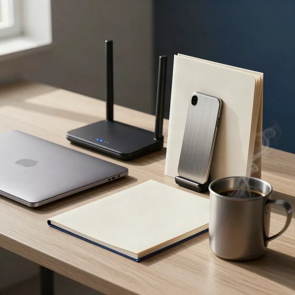 Corner di lavoro freelance con laptop chiuso, router, dock telefono, cartella assicurativa e tazza fumante.