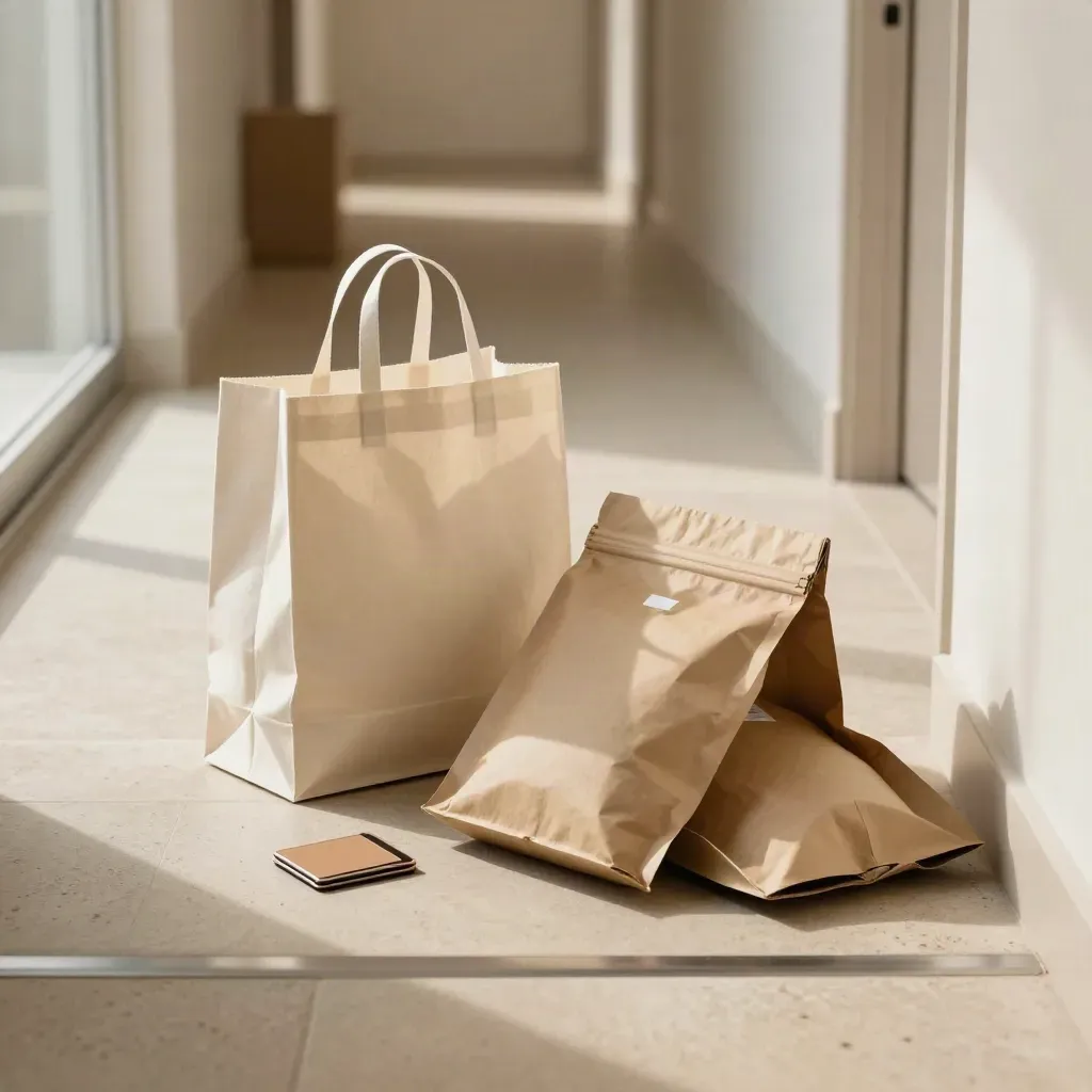 Corridoio con pacchi consegnati, borsa riutilizzabile, portacarte e busta resi in lieve movimento.