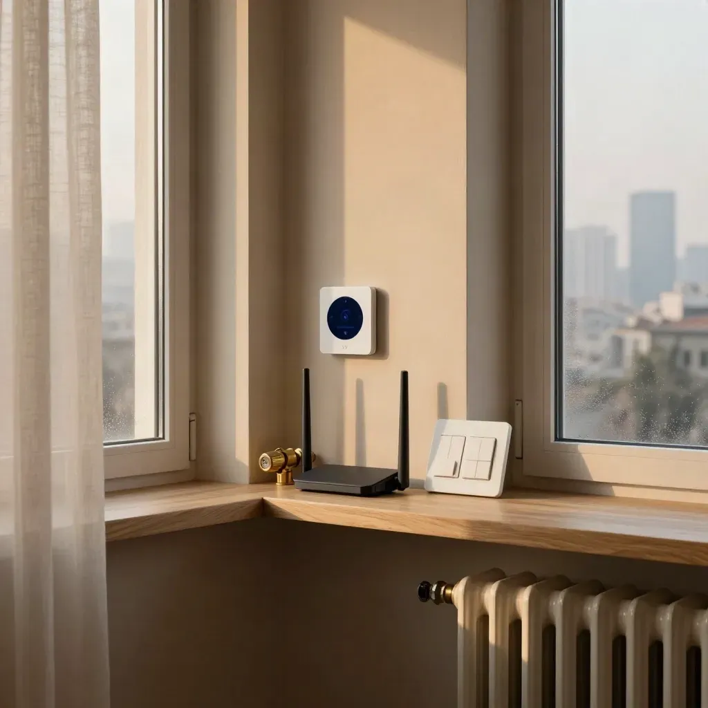 Angolo energetico in un appartamento milanese con termostato, valvola e router in luce mattutina.