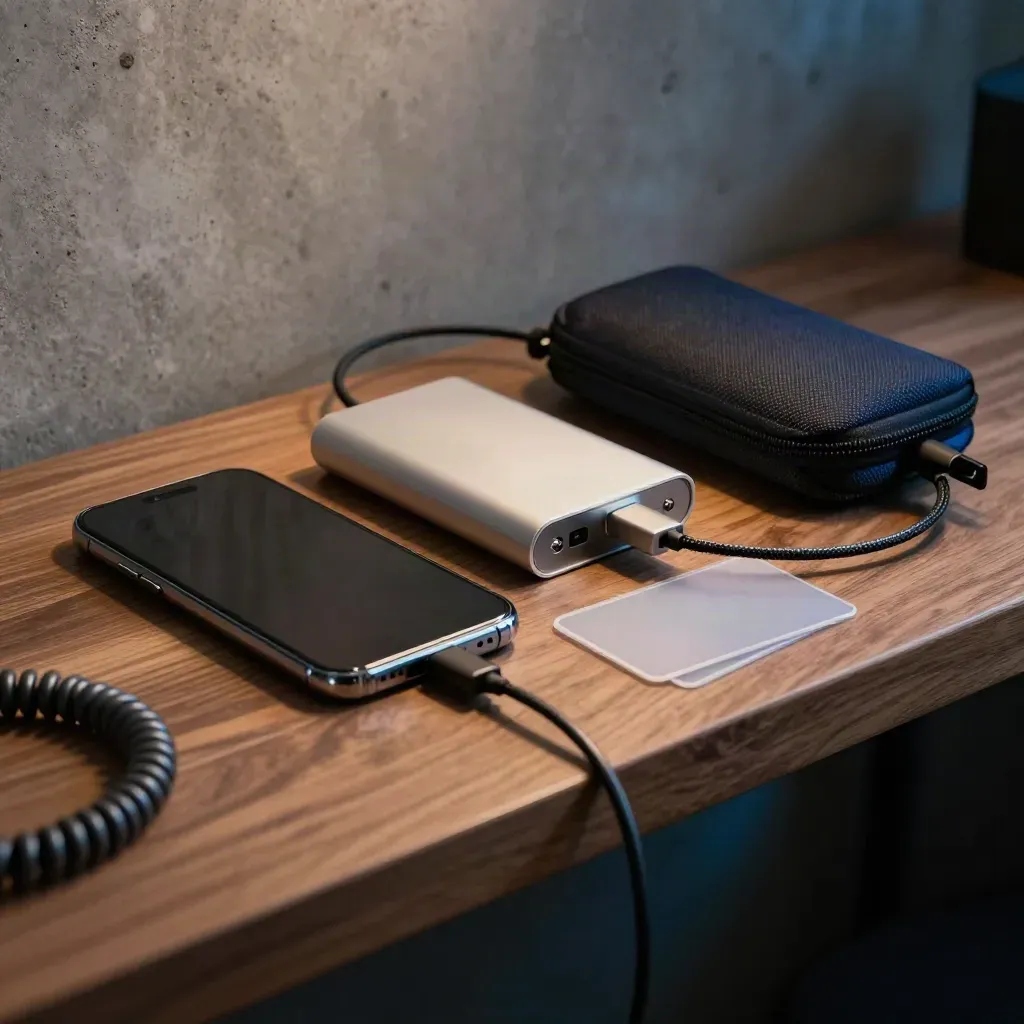 Kit per analisi offerte con smartphone, power bank e carte plastificate su ripiano in legno.