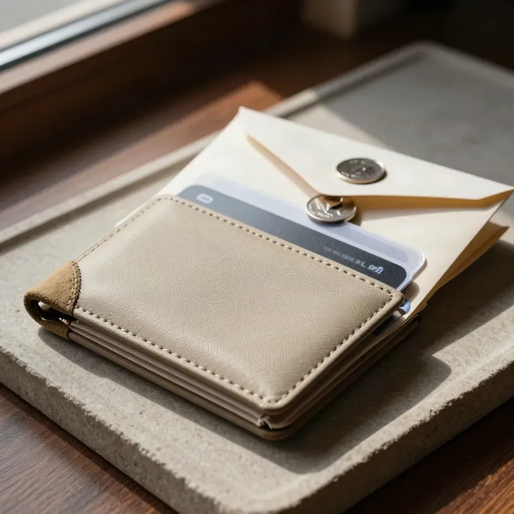 Portacarte, busta ricevute, tasca fidelity e gettone metallico in primo piano.