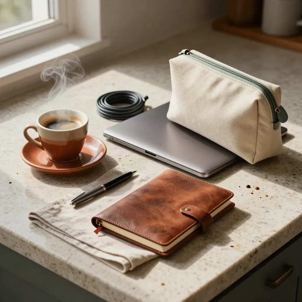 Kit portatile da freelance con caffè espresso e laptop chiuso su piano rustico