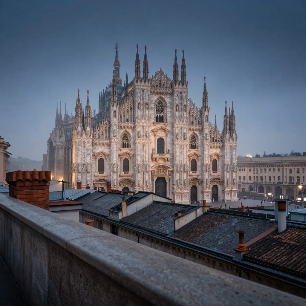 Duomo di Milano sopra i tetti in foschia al crepuscolo, luce calda e cielo blu