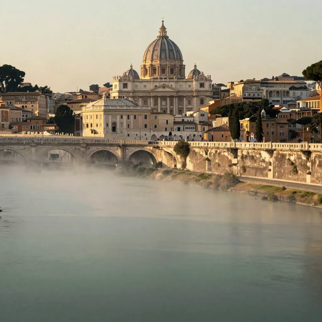 Skyline di Roma al tramonto con cupola, terrazze e foschia del Tevere