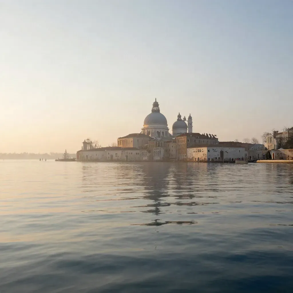 Laguna veneta all’alba con cupole lontane e acqua calma, spazio vuoto per il testo.
