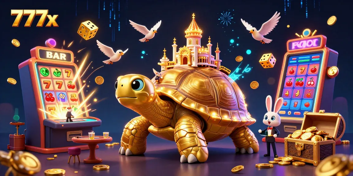 Experience the excitement of 777x with a vibrant 3D casino scene featuring a tortoise and rabbit dealer.