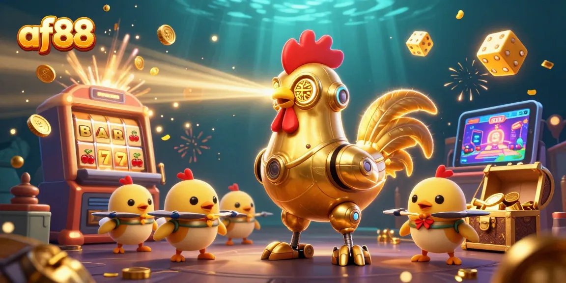 Experience the thrill of af88 with a vibrant casino scene featuring a golden rooster robot and slot machine.