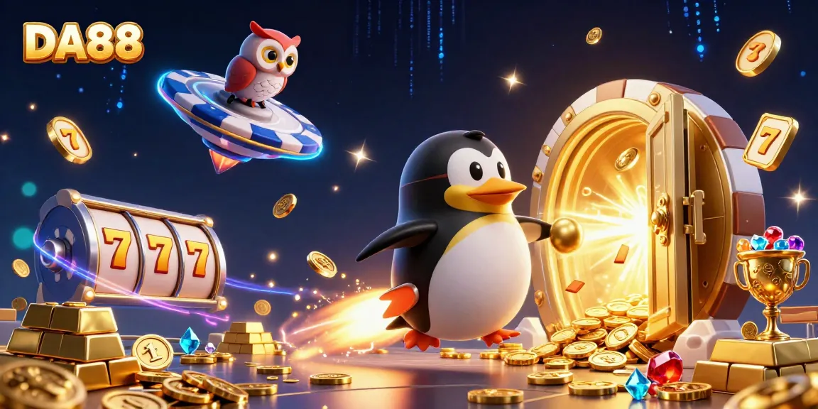 Engage with DA88's vibrant 3D illustration of a penguin blasting towards a casino in space.