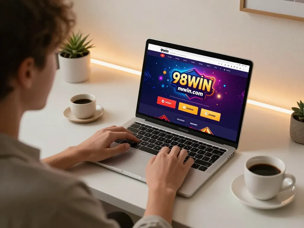 Engaging gamer using 98win com for online blackjack at a cozy home desk.
