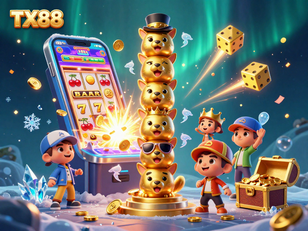 Experience TX88 jackpot excitement with vibrant 3D casino elements bursting with action.